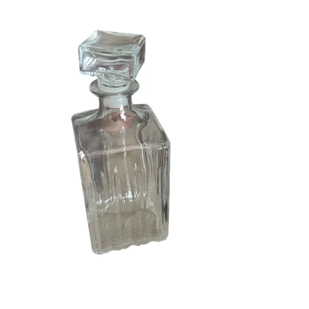 Vintage Clear Glass Square Whiskey Decanter Ribbed Bark Texture with Stopper